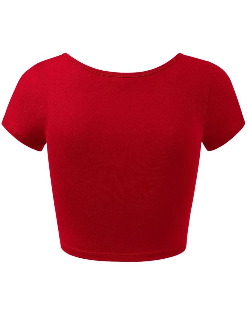 HATOPANTS Women's Cotton Crop Tops Short Sleeve Scoop Neck Stretchy Casual Shirt RED L - Image 3